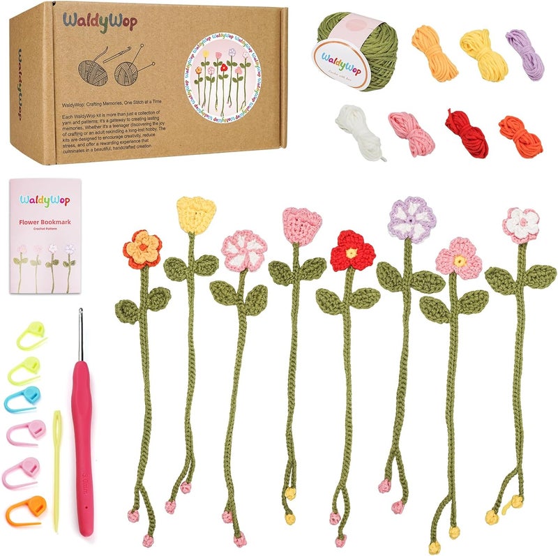 WaldyWop Crochet Kit for Beginners - 8 Flower Bookmarks Knitting Kit w/Step-by-Step Video Tutorials & Soft Yarn, Hook - Wobbles DIY Art Craft Kit for Adults, Birthday Gifts for Women Teen - Image 1